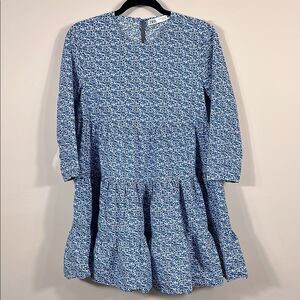 Zara Blue White Floral Ditsy Mini 3/4 Sleeve Cottage Tiered Women Dress Medium